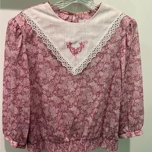 Vintage Frejani Floral Pink Blouse with Lace Embroidered Collar Size 18